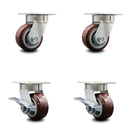 Service Caster 4 Inch Kingpinless Poly on Polyolefin Wheel Swivel Caster Set with 2 Brakes SCC SCC-KP30S420-PPUR-2-SLB-2